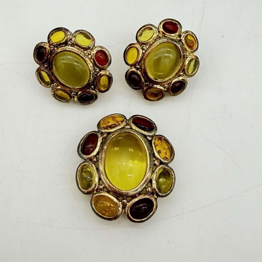 Vtg Designer Sterling Silver Earrings Pendant Set Amber Green Gem Cab Kelly Ann